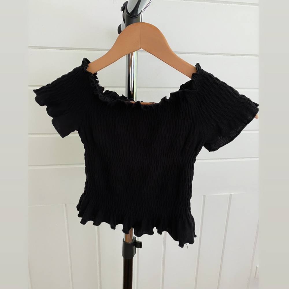 Black off shoulder shirred crop top
